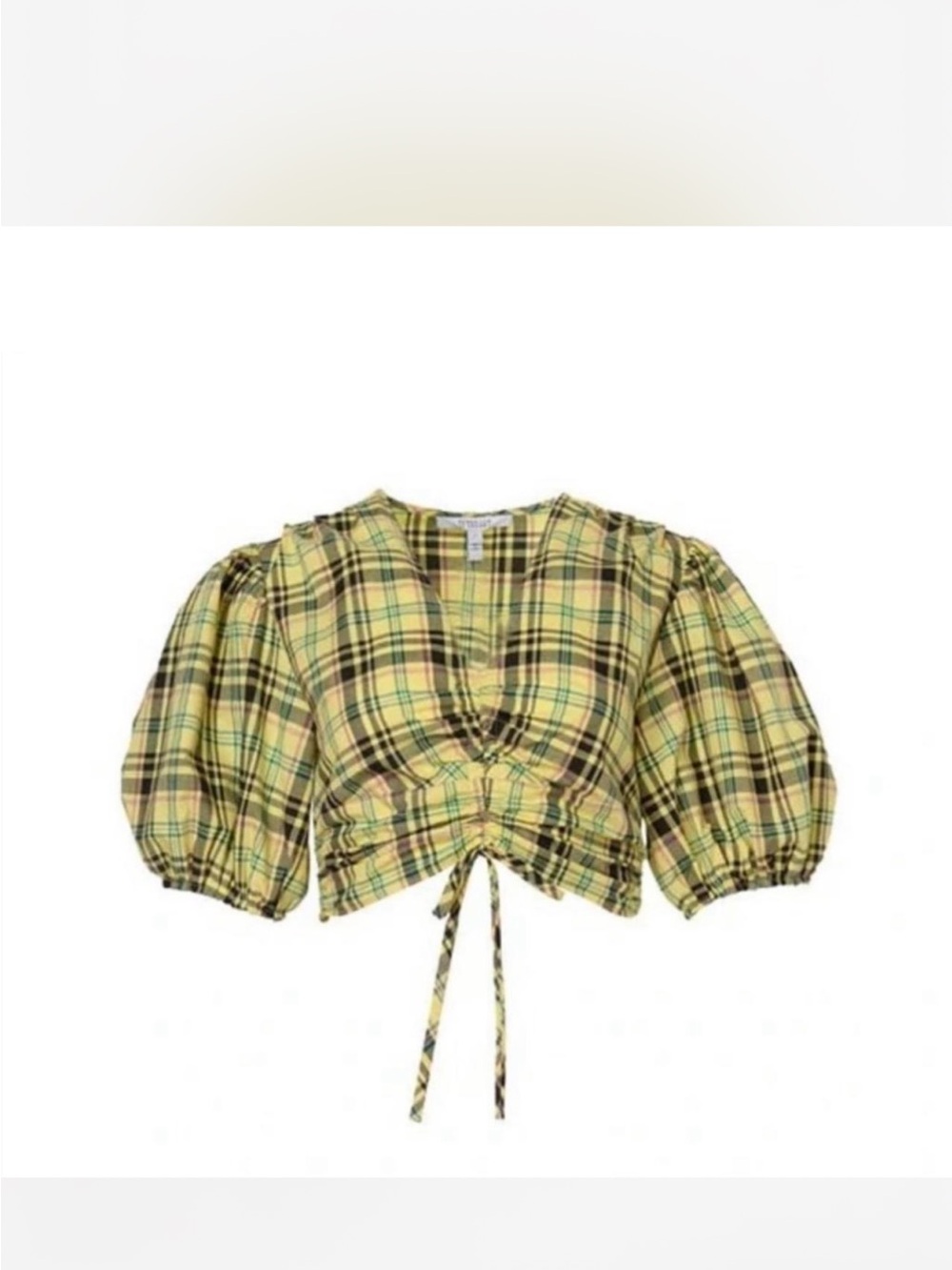 Yellow Plaid Puff-Sleeve Crop Top - Unbranded